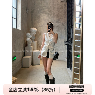 GV大白哥 棉麻随性感 纽结立体V领收腰无袖背心透气修身上衣女夏