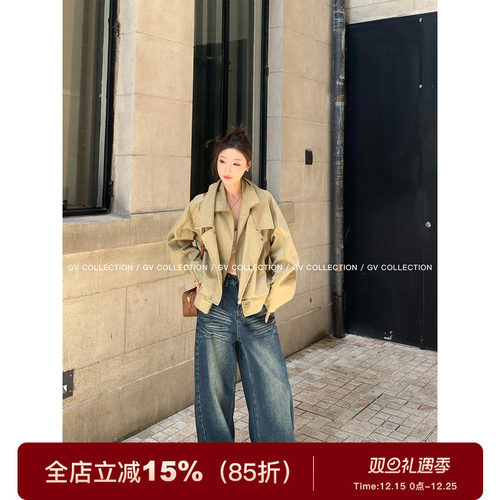 水洗卡其复古短款牛仔外套