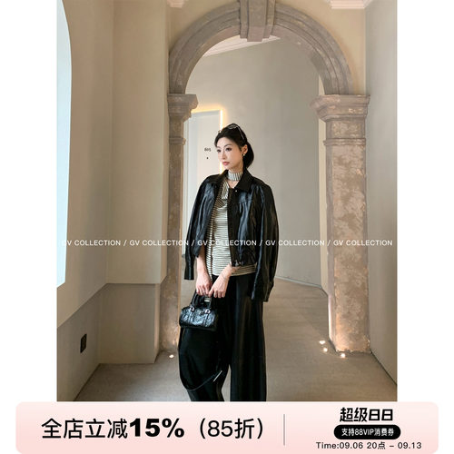 金属丝亮面短款合身皮衣外套