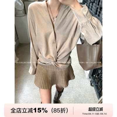 高知感V领褶皱收腰衬衫上衣