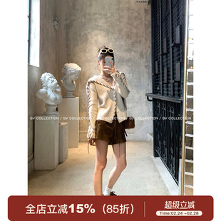 GV大白哥 拿铁秋日 大翻领棒针穿绳麂皮竖条羊毛衣上衣高级感外套