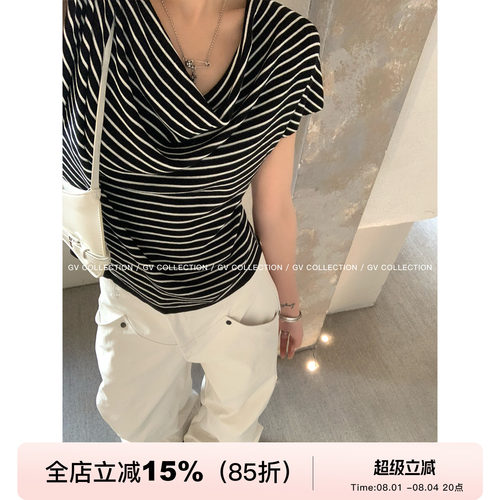天丝莱赛尔荡领短袖松弛条纹上衣