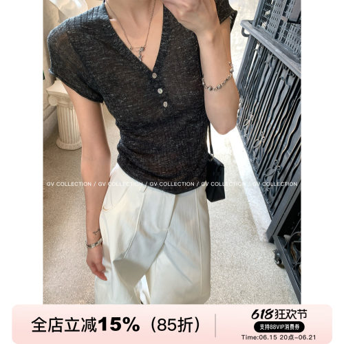 清透亚麻V领针织清透混色上衣