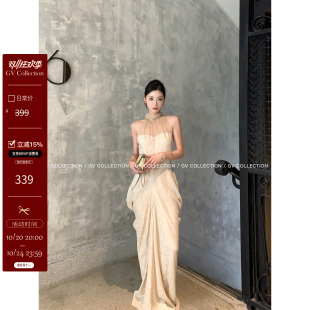 GV大白哥 雕塑美味 网纱拼接修身解构捏褶削肩连衣裙夏季新款女