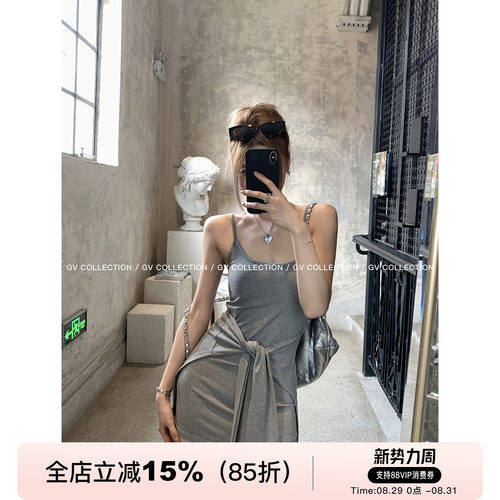 GV大白哥 元气夏日 设计感小众带胸垫系腰假两件连衣裙吊带裙女夏