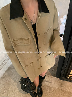 GV大白哥 重磅工装风 皮领撞色牛仔夹克外套街头风长袖上衣女春