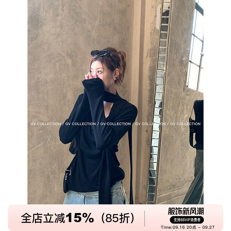 GV大白哥 Chill感随性 松弛感挂脖飘带堆堆针织上衣慵懒荡领小衫图片