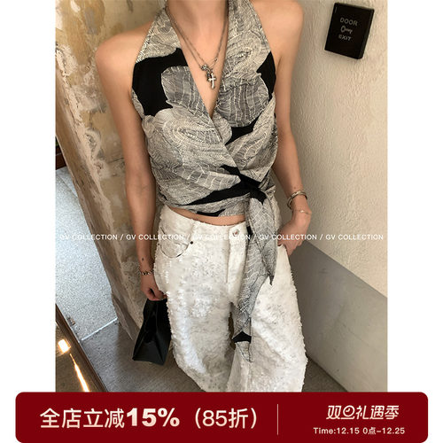 收腰图案V领侧打结上衣背心