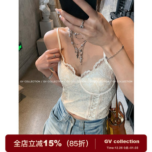 辣妹胸衣女夏季 吊带闪片蕾丝缎条胸垫背心短款 宫廷心机 GV大白哥