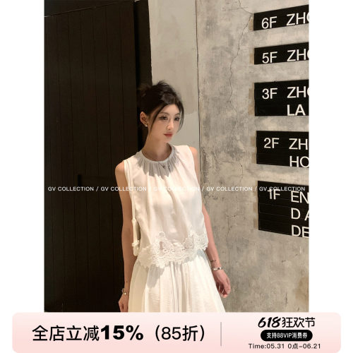 天丝棉麻立体蕾丝花边圆领背心