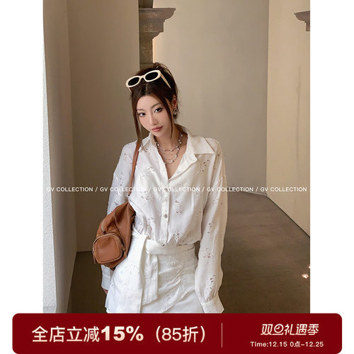 GV大白哥 南法庄园 解构重工镂空玫瑰收腰衬衫裙法式短连衣裙女