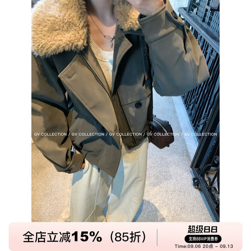 毛领拼接军绿肌理皮质夹棉加厚
