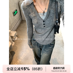 女内搭 撞色polo翻领针织上衣慵懒风百搭小衫 GV大白哥 简约都市