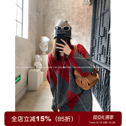 GV大白哥 英伦学院派 节日氛围感宽松套头V领毛衣A字半裙套装女冬