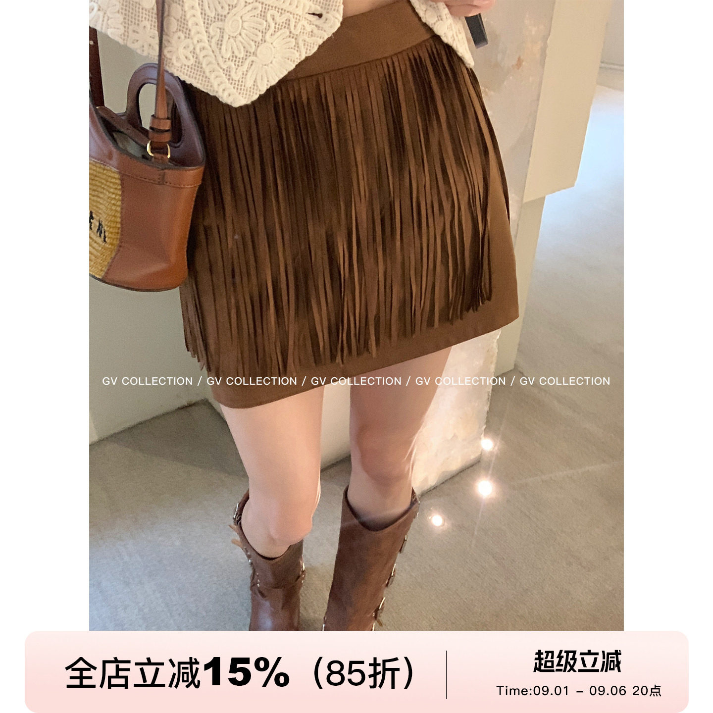 流苏麂皮复古半身裙裙裤防走光图片