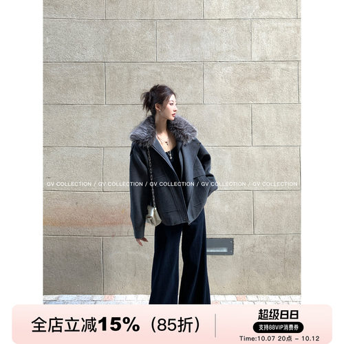 毛领可拆卸夹棉翻领立领呢子外套