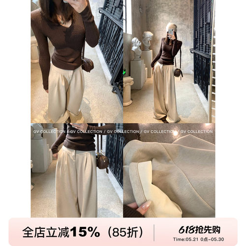 加厚毛呢阔腿设计感休闲裤