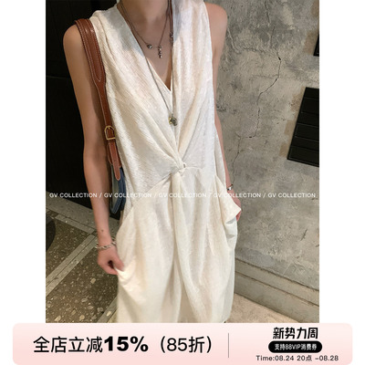 捏褶双层蕾丝大口袋设计连衣裙