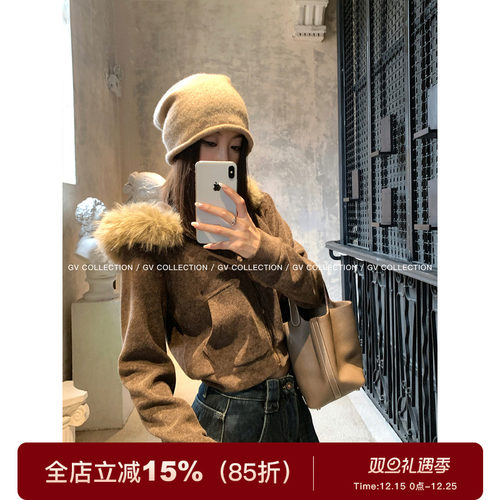 磨毛毛领修身加绒收腰卫衣开衫