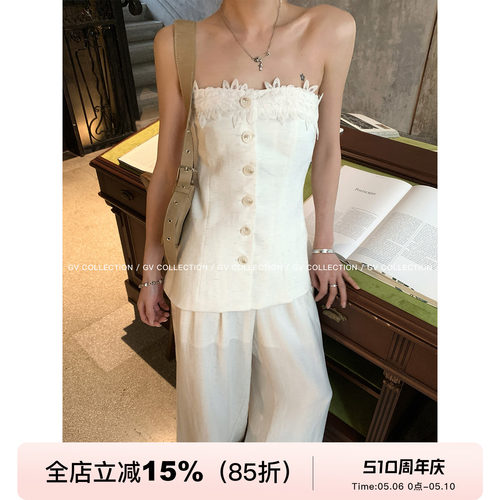 立体花朵刺绣抹胸直筒裤套装