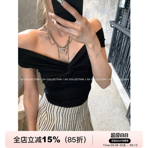 GV大白哥 极简直角肩 V型一字肩纽结棉感上衣性感短袖修身小衫女
