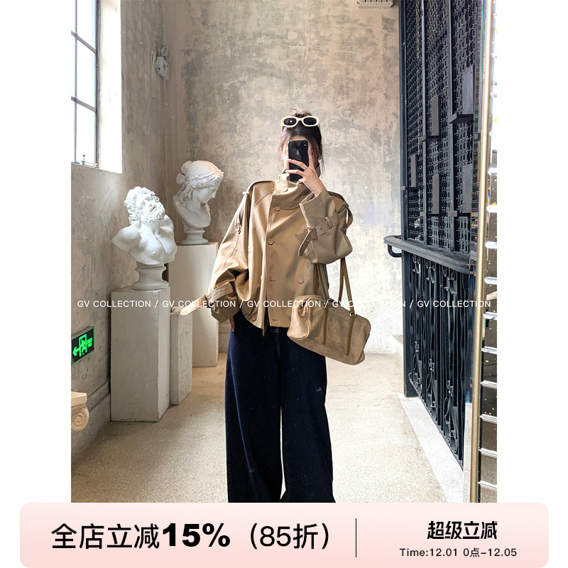 ac*e立领双排扣短款风衣外套