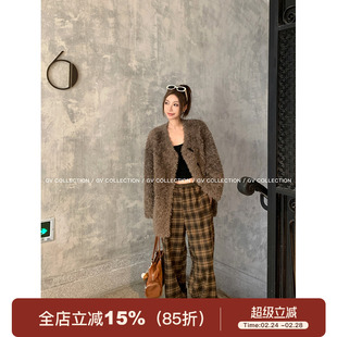 GV大白哥 焦糖拿铁 冬季美拉德格纹加厚绒直筒裤宽松休闲长裤女