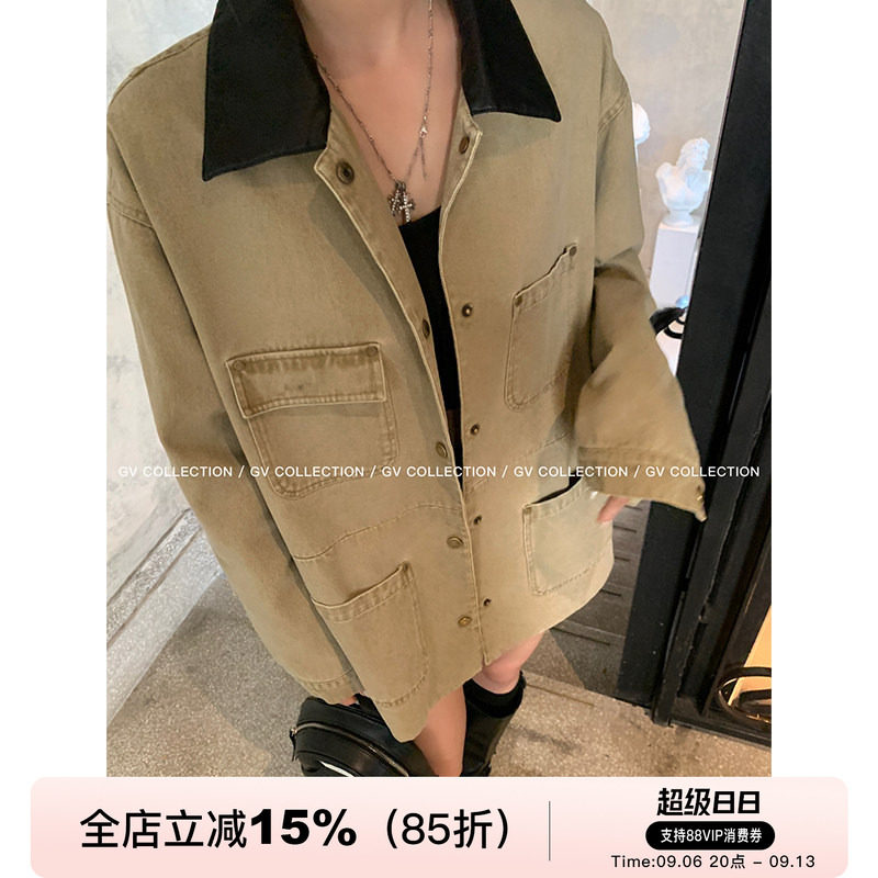 GV大白哥 重磅工装风 皮领撞色牛仔夹克外套街头风长袖上衣女春