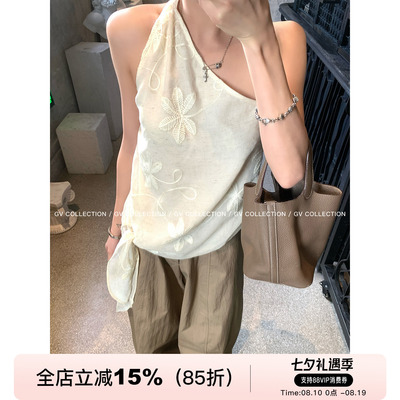 刺绣斜肩挂脖露背系结无袖背心