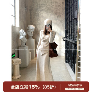 GV大白哥 静奢设计感 设计感不规则收腰V领针织上衣半身裙套装