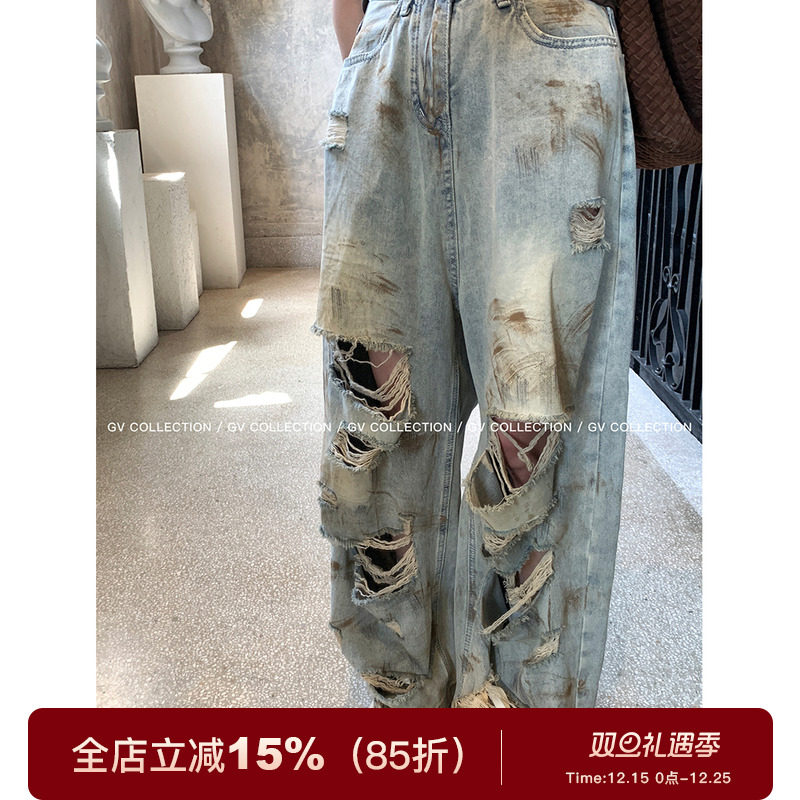 GV大白哥 废土丹宁 重工泼墨撕破做旧复古设计感牛仔裤休闲长裤女