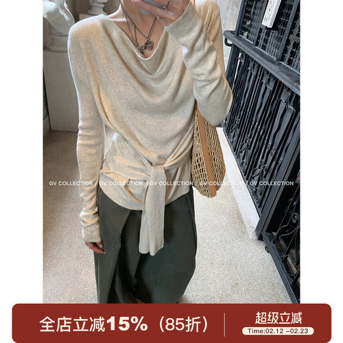 荡领松弛腰带收腰针织上衣