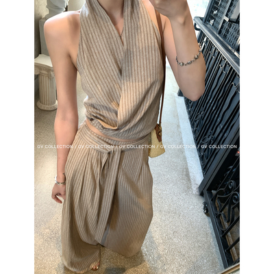 亚麻莱赛尔挂脖上衣阔腿裤两件套