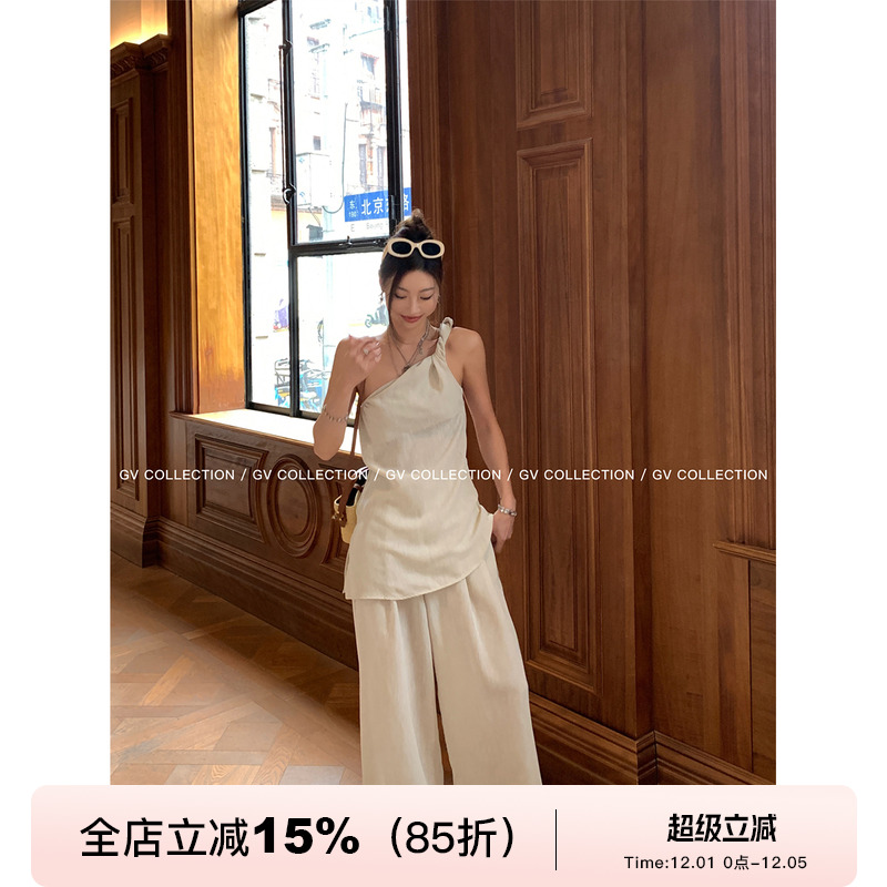 GV大白哥 高智茶系 慵懒斜肩休闲上衣宽松西裤休闲裤通勤套装女