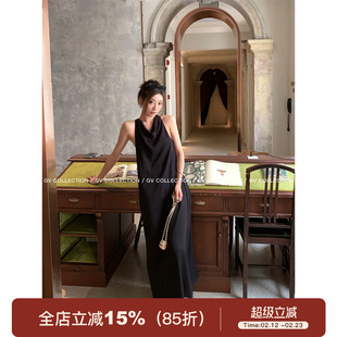 GV大白哥 松弛奢调 荡领挂脖削肩气质长款连衣裙夏季新款女夏