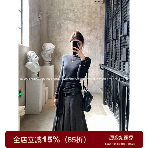 美丽诺羊毛针织修身系带打底上衣