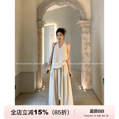 天丝亚麻V领削肩阔腿裤套装