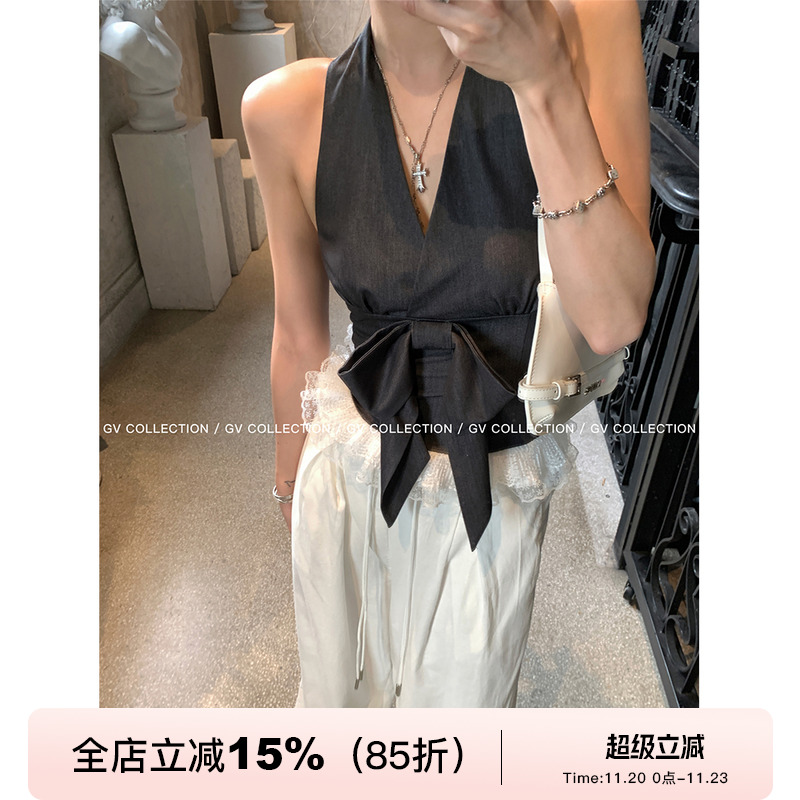 GV大白哥 Miu系调调 蝴蝶结蕾丝挂脖露背无袖上衣高智感通勤小衫