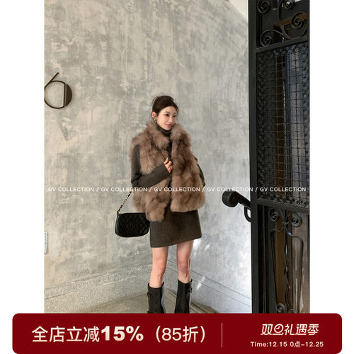 立体渐变混色环保狐狸毛马甲外套