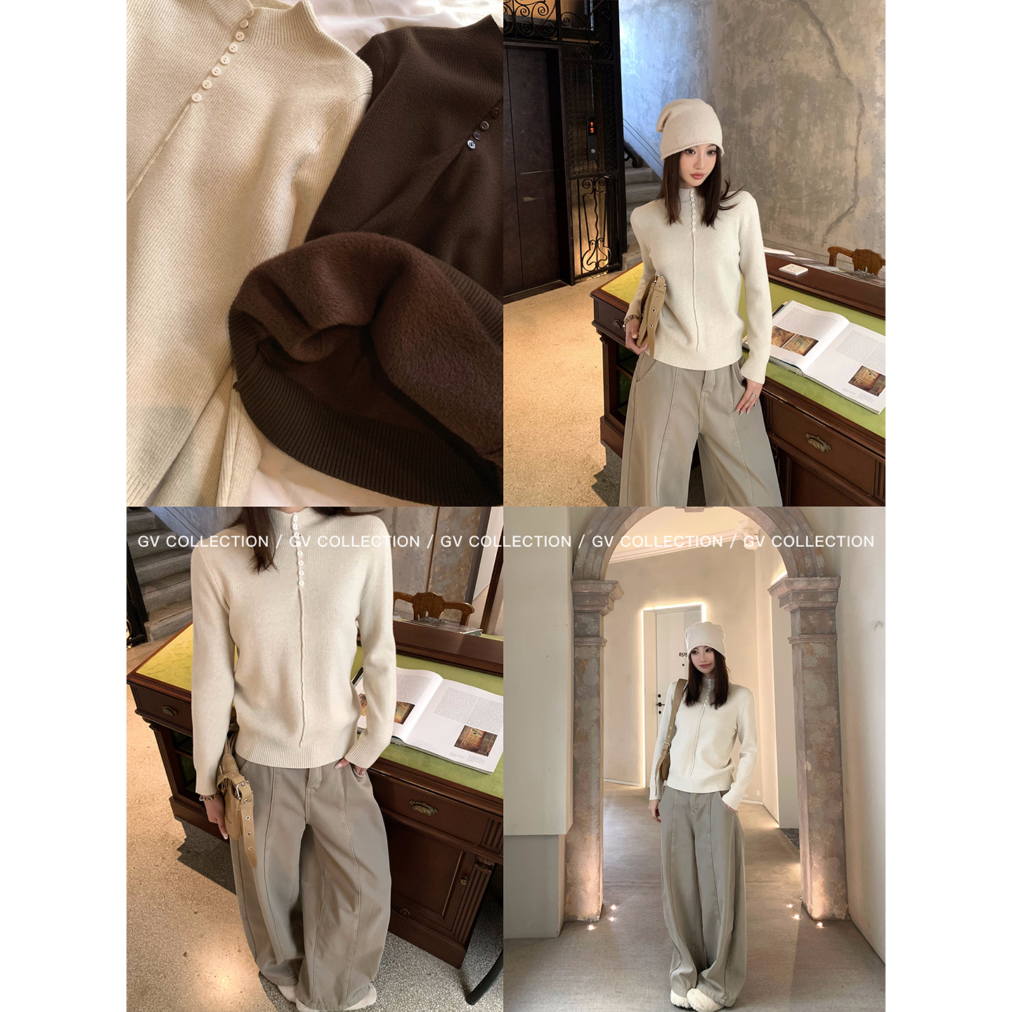 内加绒立体纽扣修身打底上衣