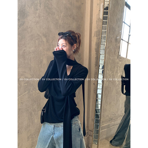 GV大白哥 Chill感随性 松弛感挂脖飘带堆堆针织上衣慵懒荡领小衫