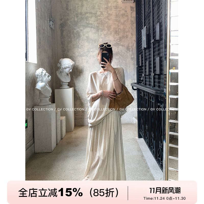GV大白哥 松弛淡人 亚麻莱赛尔宽松休闲上衣A字百褶半身裙套装女