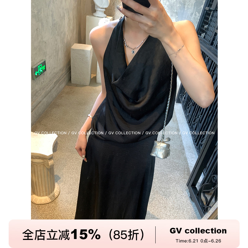 GV大白哥 都市人鱼姬 松弛感V字挂脖露背上衣高腰半裙套装女