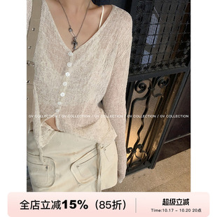 GV大白哥 透气清冷 天丝亚麻针织防晒镂空纽扣开衫微透V领上衣女