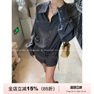 含腰带条纹设计感衬衫上衣
