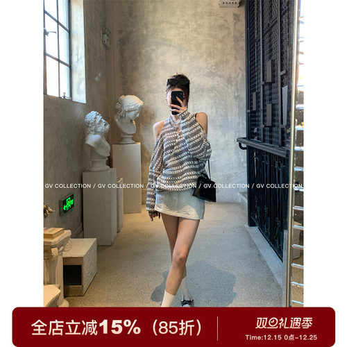 镂空针织条纹挂脖露背上衣