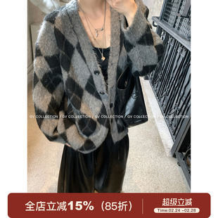 GV大白哥 十月伦敦 拉毛菱格V领毛衣上衣外套冬季穿搭新款气质