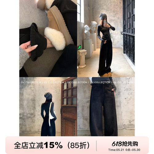 复古加绒加厚弯刀阔腿牛仔裤