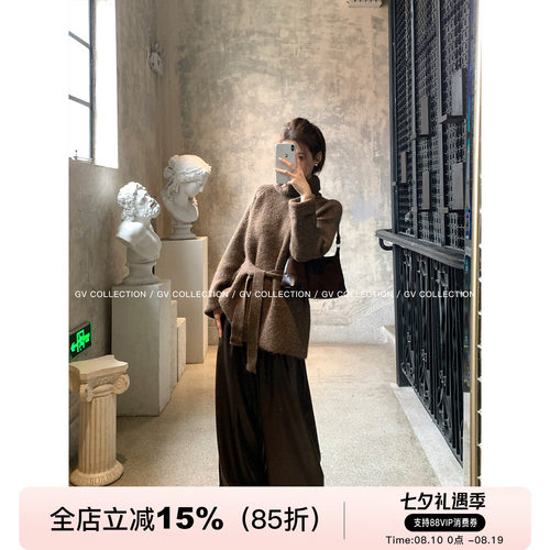 羊毛高领腰带收腰毛衣上衣