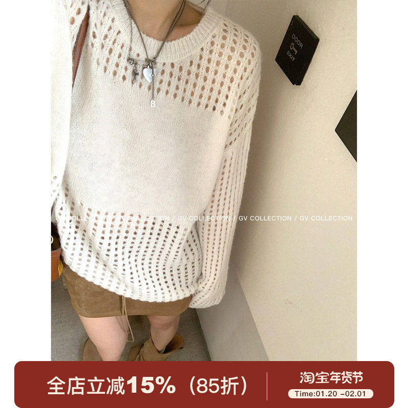 GV大白哥 清透早秋 圆领设计感镂空毛衣秋季慵懒高级感上衣女,女装/女士精品,毛衣,淘宝优惠券,粉丝福利购,淘宝优惠卷